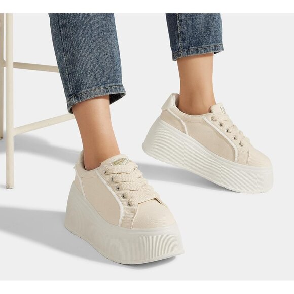 Lucky Step Women Beige Platform Low Top Classic Wedge Retro Canvas Sneakers - Picture 9 of 9